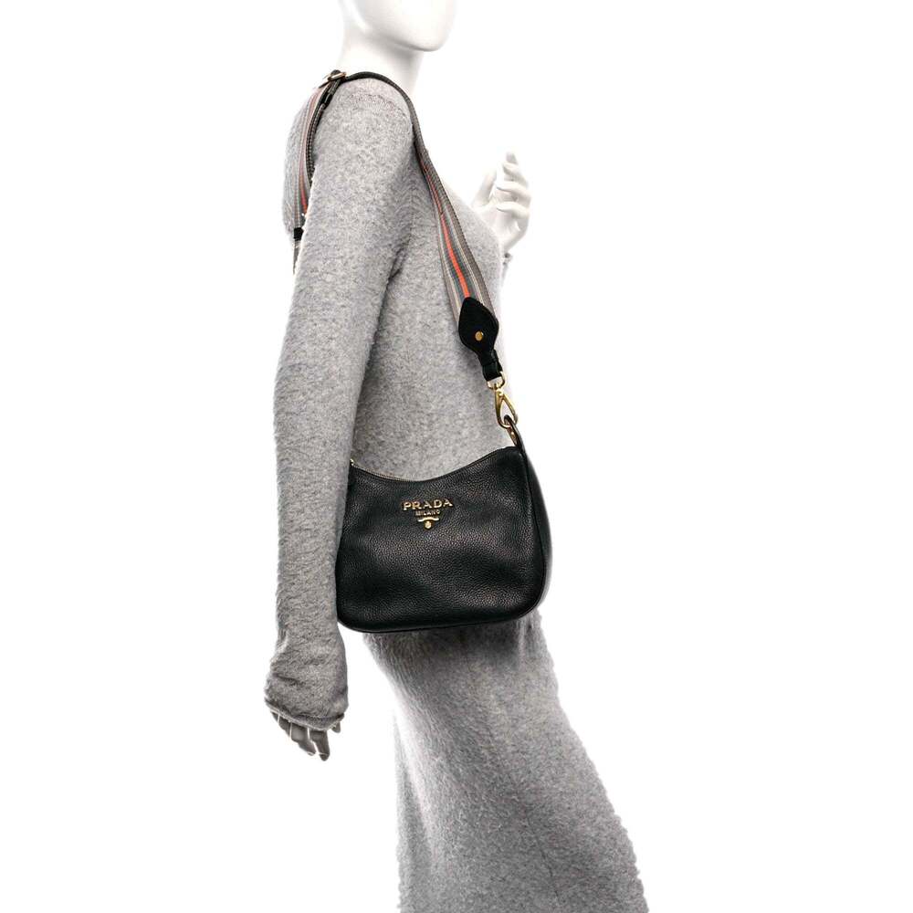 Prada Vitello Phenix Zippered Messenger Hobo Black Leather Shoulder - Picture 5 of 5